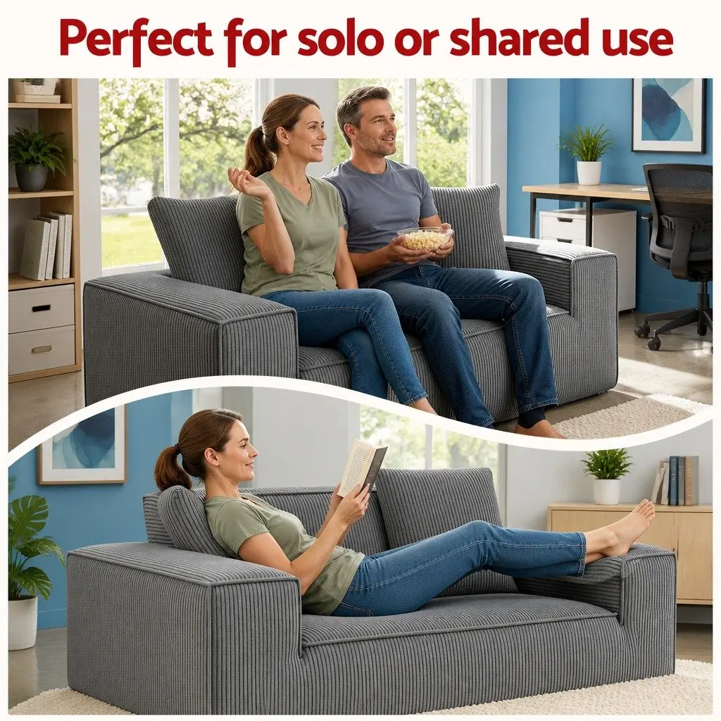 Loveseat Sofa Bed Couch Compact Modern Minimalist 2 Seater Grey Corduroy