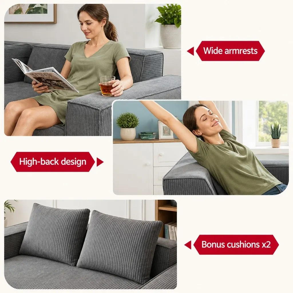 Loveseat Sofa Bed Couch Compact Modern Minimalist 2 Seater Grey Corduroy