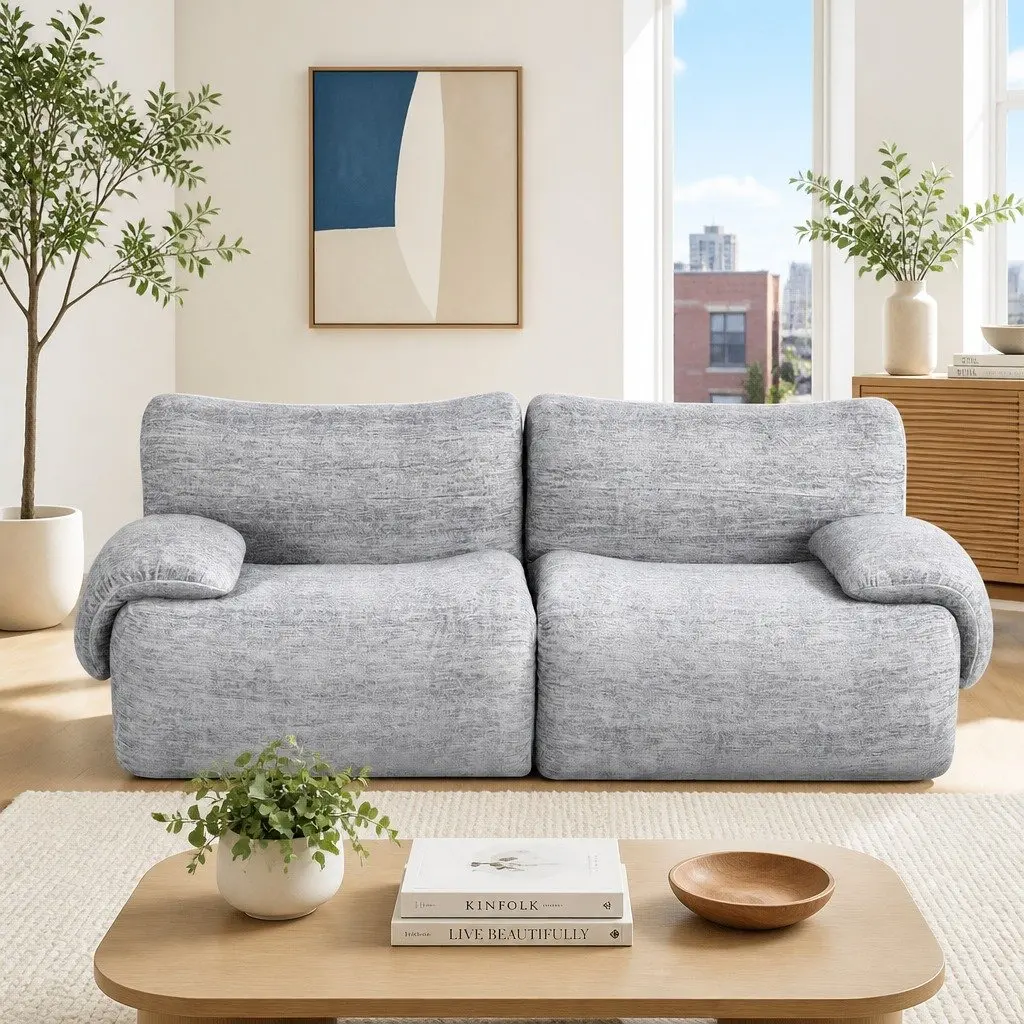 2 Seater Sofa Couch Bed Modern Minimalist Grey High-Density Foam Short-Pile Fabric