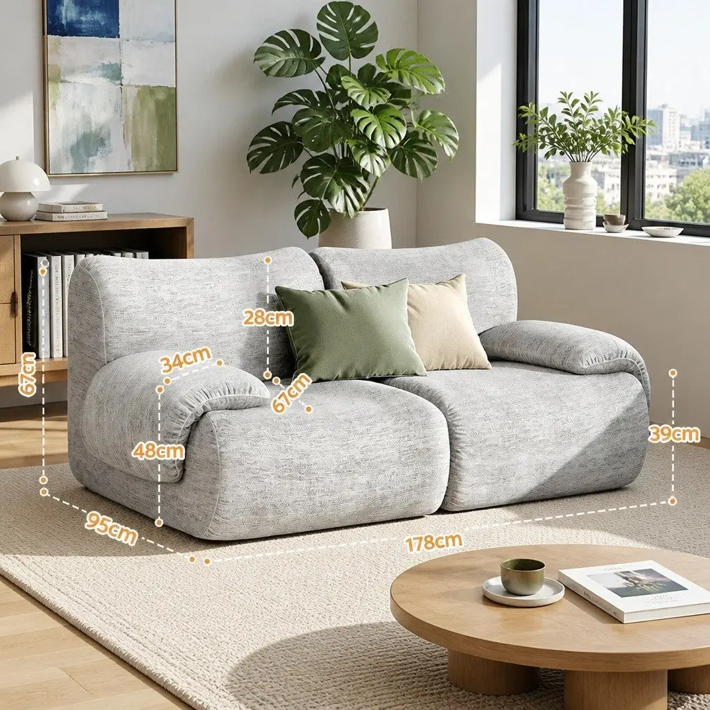 2 Seater Sofa Couch Bed Modern Minimalist Grey High-Density Foam Short-Pile Fabric