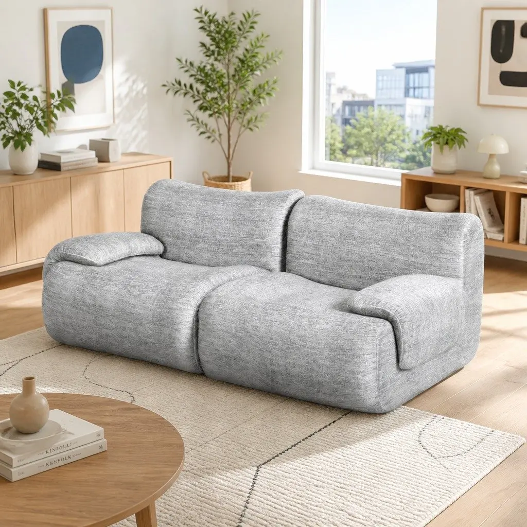 2 Seater Sofa Couch Bed Modern Minimalist Grey High-Density Foam Short-Pile Fabric