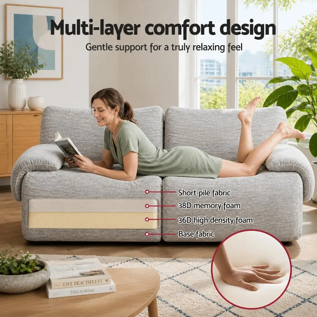 2 Seater Sofa Couch Bed Modern Minimalist Grey High-Density Foam Short-Pile Fabric