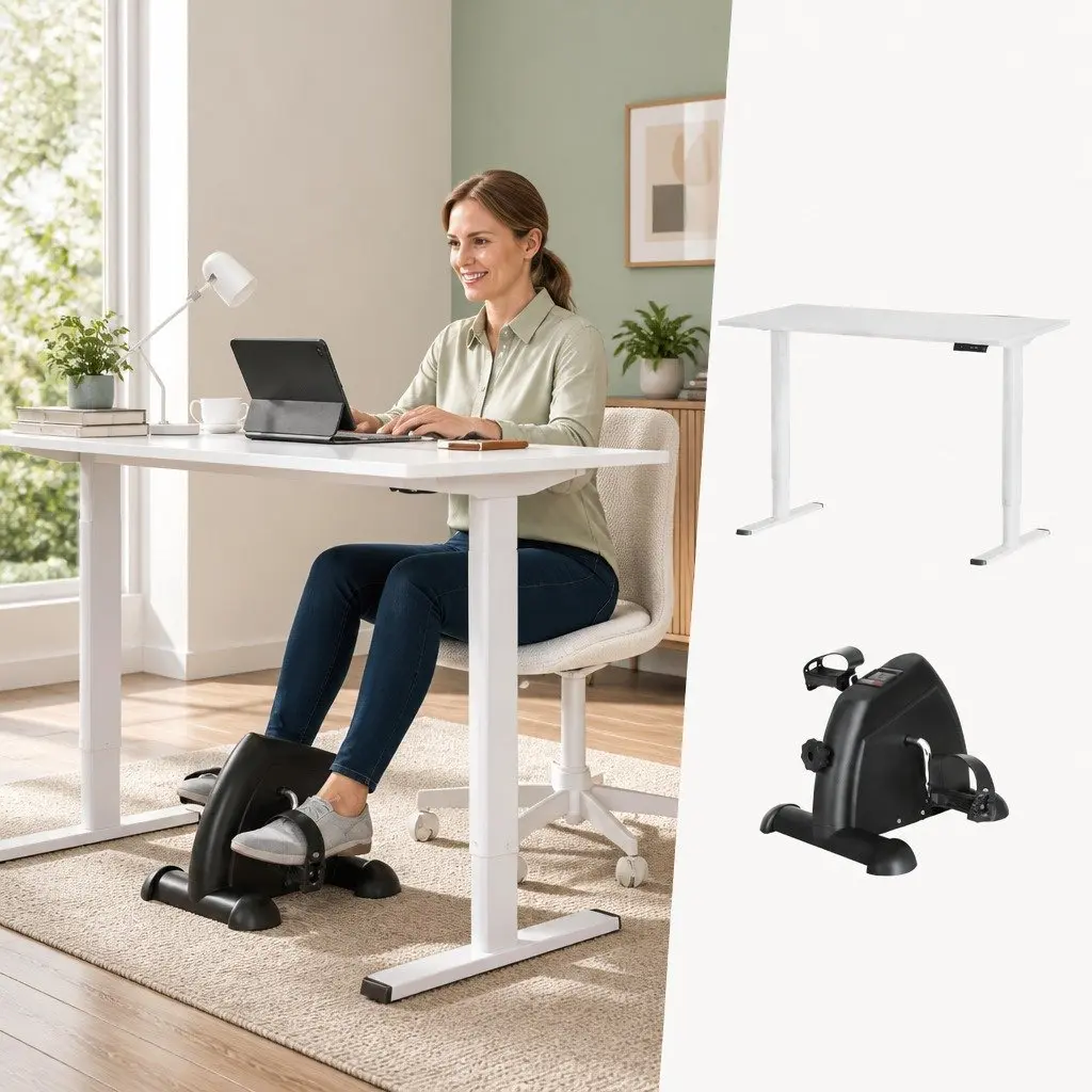 Electric Standing Desk with Under Desk Pedal Exercise Bike 120cm White or Black Powder Coated Metal Frame