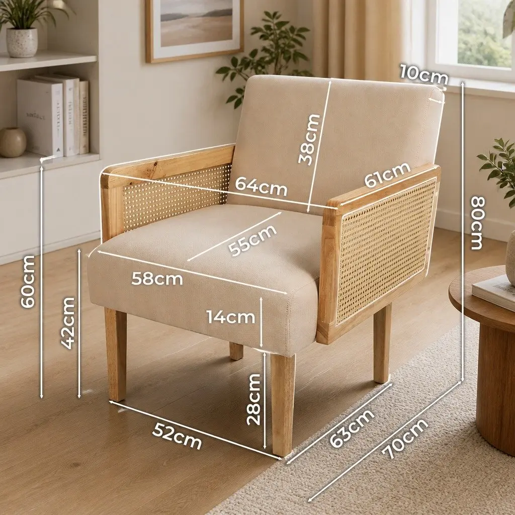 Rattan Lounge Armchair with Linen Fabric Cushioned Seat Backrest Rubberwood