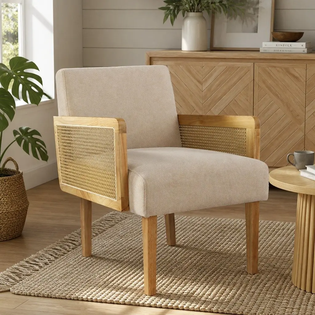 Rattan Lounge Armchair with Linen Fabric Cushioned Seat Backrest Rubberwood