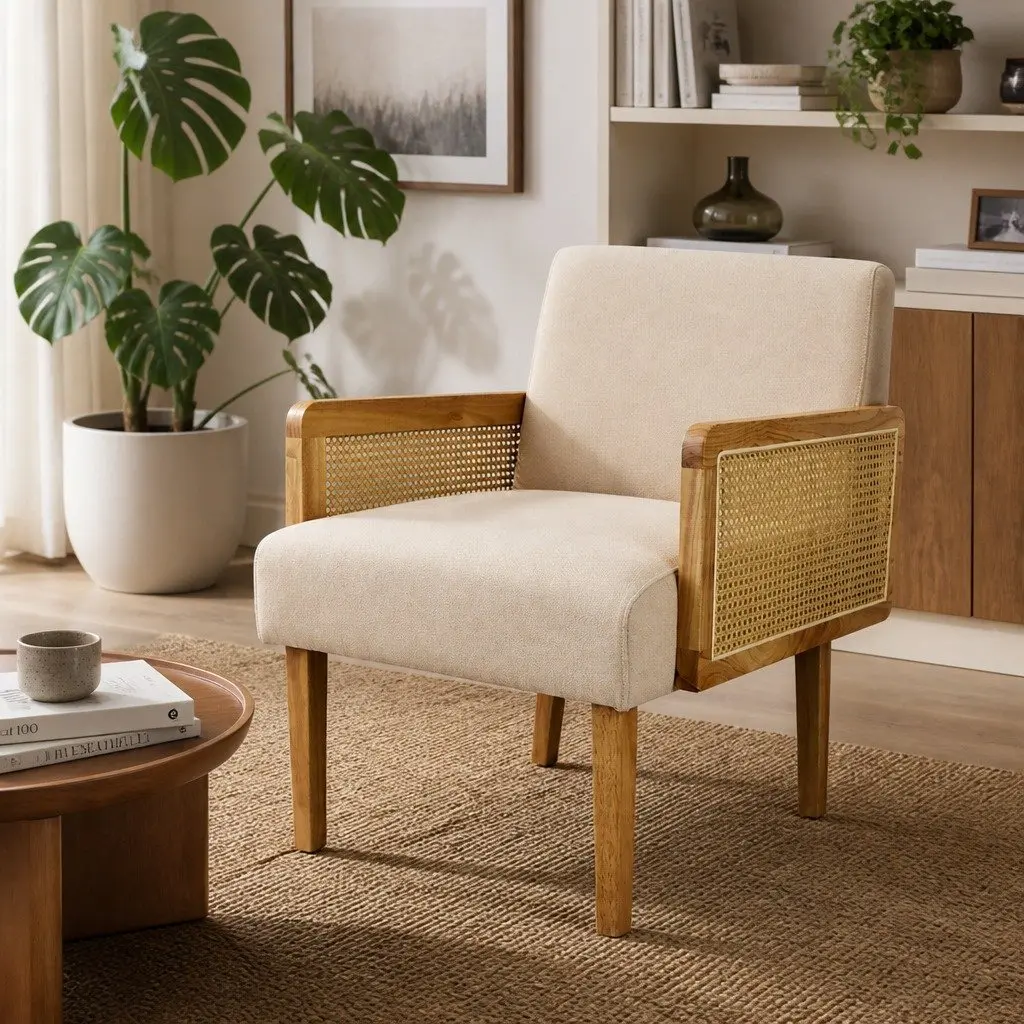 Rattan Lounge Armchair with Linen Fabric Cushioned Seat Backrest Rubberwood