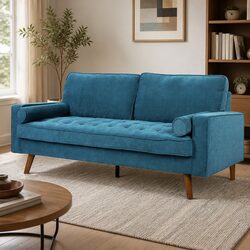 Blue Linen Style 3 Seater Sofa with Bolster Cushions