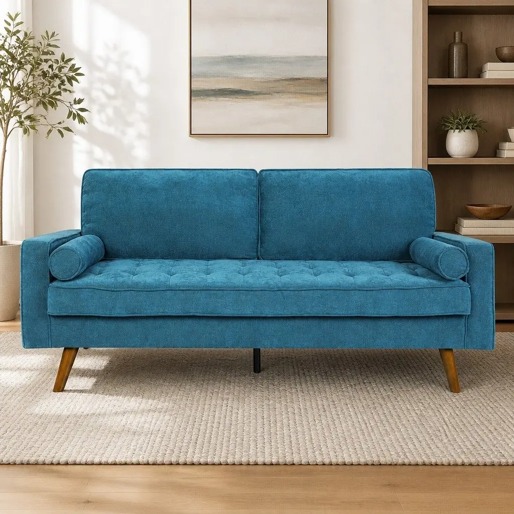 3 Seater Sofa Blue Linen Style 191cm Wide Fabric Upholstery