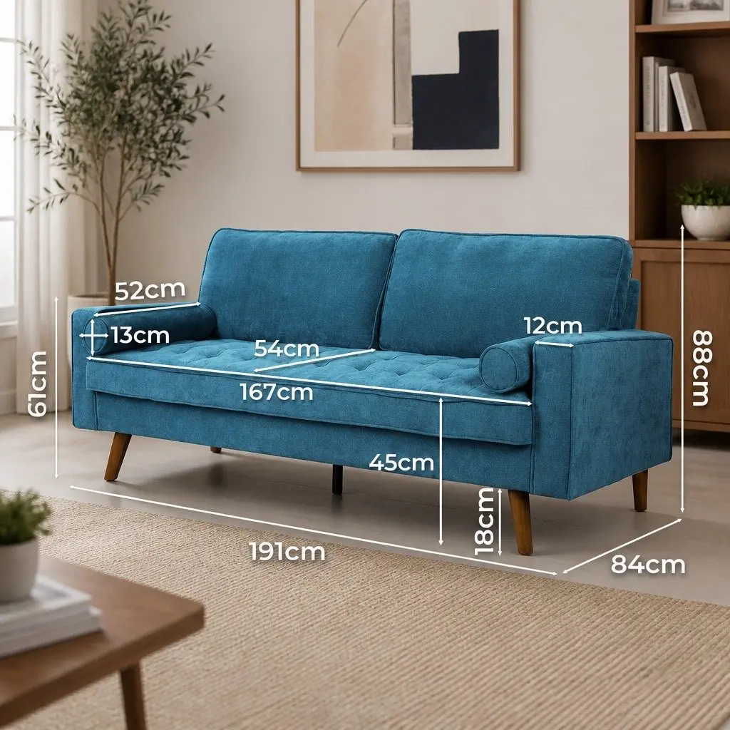 3 Seater Sofa Blue Linen Style 191cm Wide Fabric Upholstery