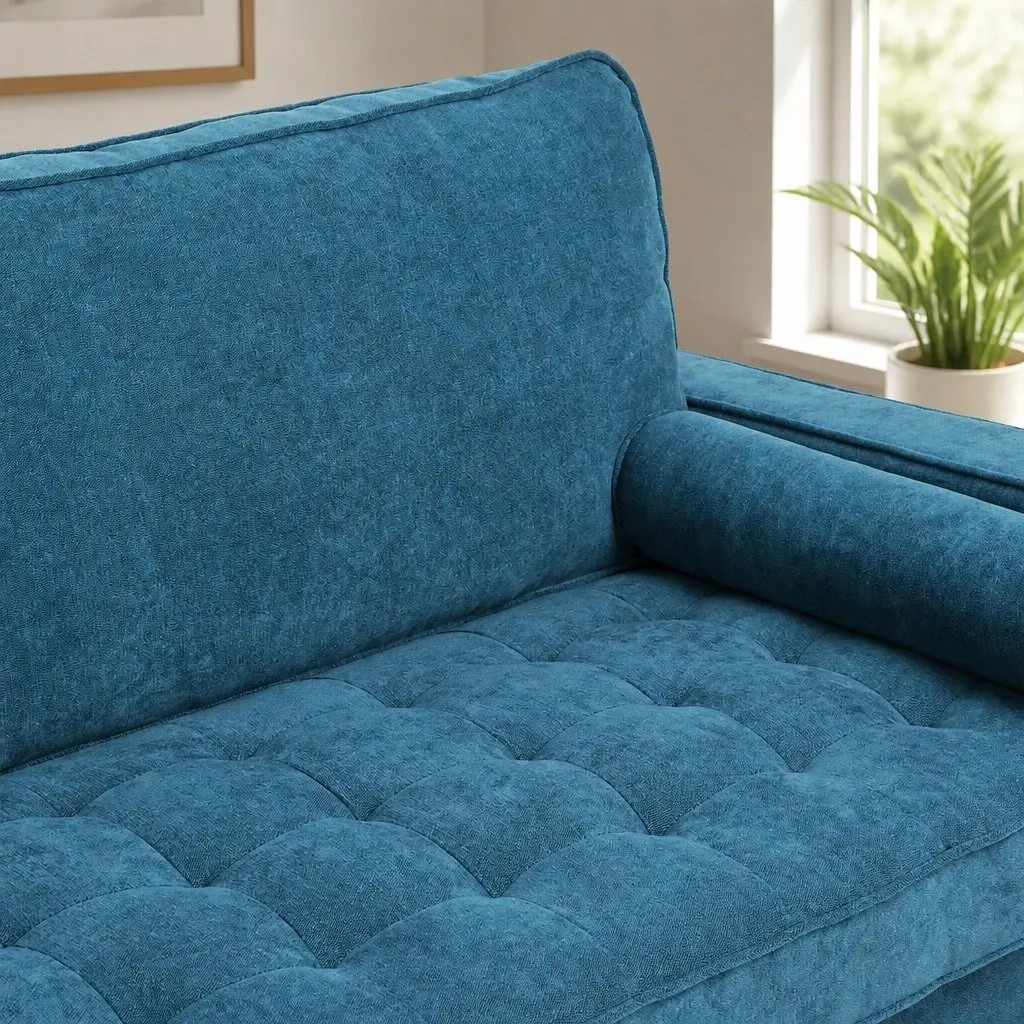 3 Seater Sofa Blue Linen Style 191cm Wide Fabric Upholstery