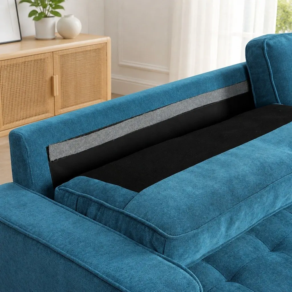 3 Seater Sofa Blue Linen Style 191cm Wide Fabric Upholstery