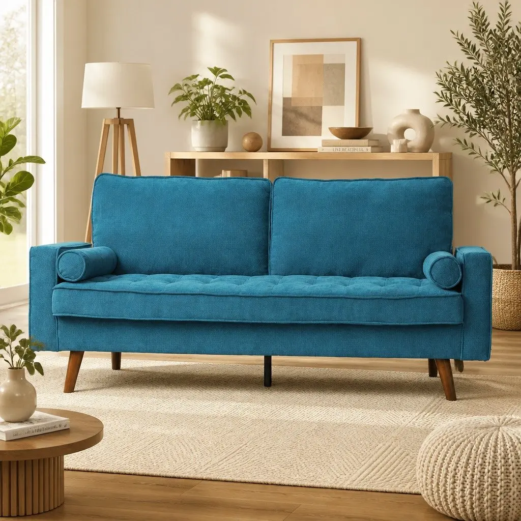 3 Seater Sofa Blue Linen Style 191cm Wide Fabric Upholstery