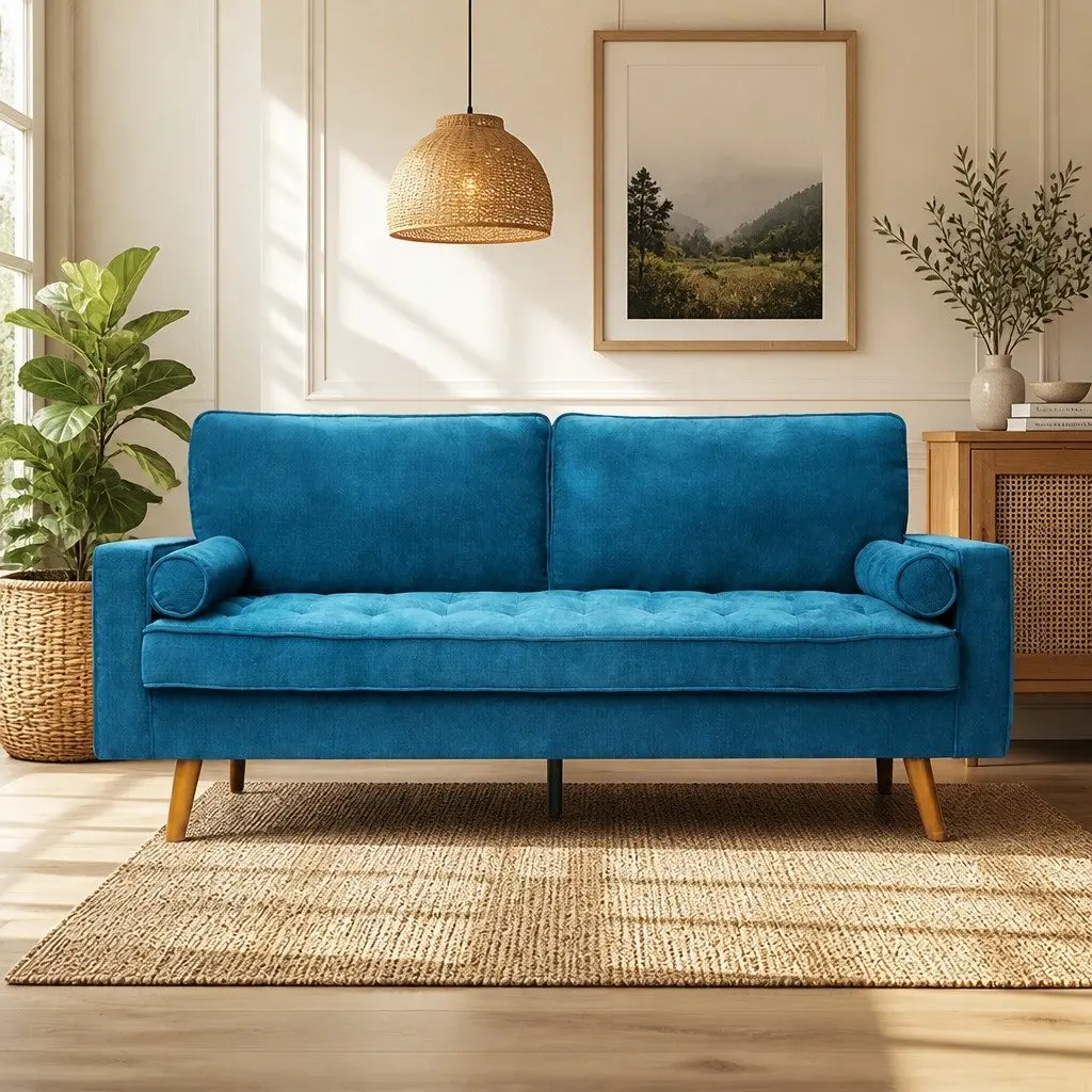 3 Seater Sofa Blue Linen Style 191cm Wide Fabric Upholstery