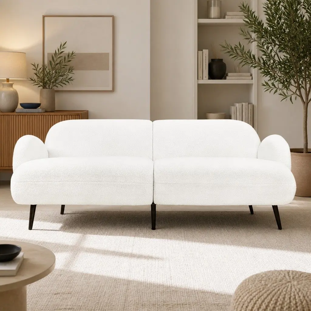 Sherpa Fleece 3 Seater Sofa Modern Lounge Couch White Breathable Fabric Living Room Furniture