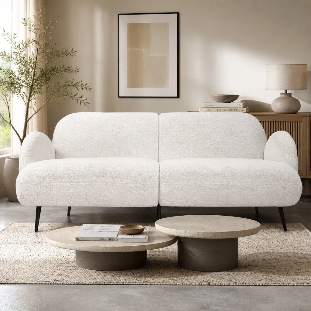 Sherpa Fleece 3 Seater Sofa Modern Lounge Couch White Breathable Fabric Living Room Furniture