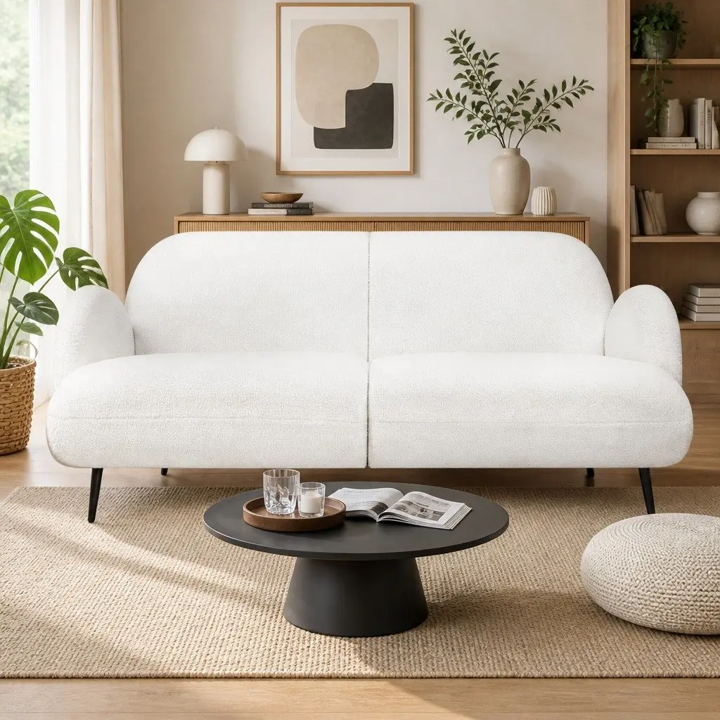 Sherpa Fleece 3 Seater Sofa Modern Lounge Couch White Breathable Fabric Living Room Furniture