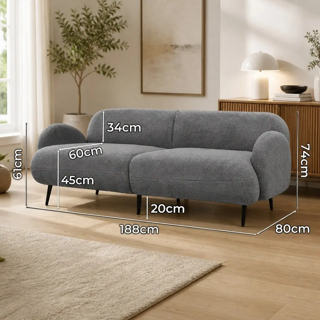 3 Seater Sofa Modern Sherpa Fleece Grey Living Room Furniture