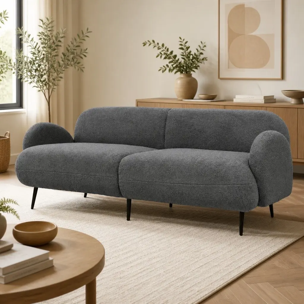 3 Seater Sofa Modern Sherpa Fleece Grey Living Room Furniture