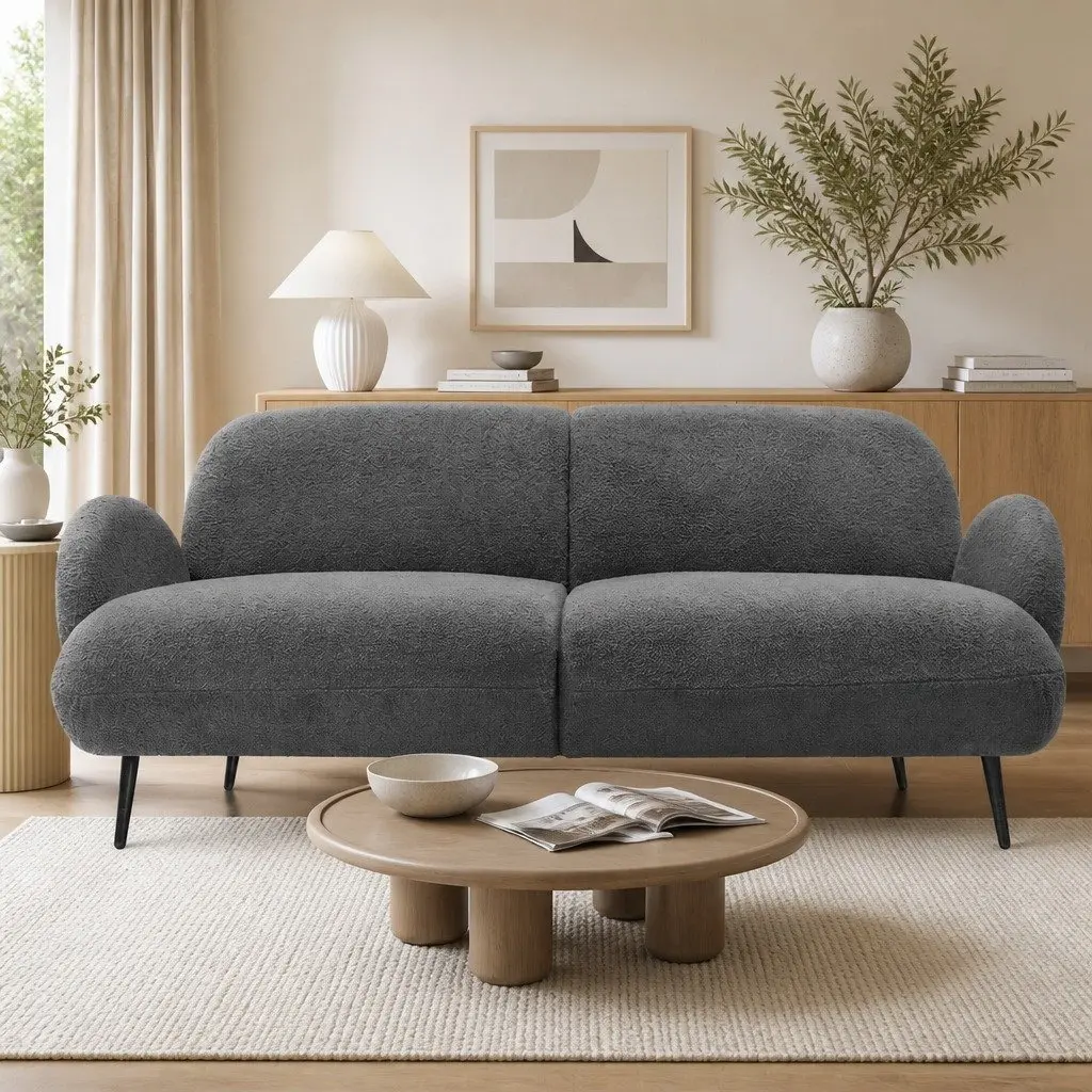 3 Seater Sofa Modern Sherpa Fleece Grey Living Room Furniture