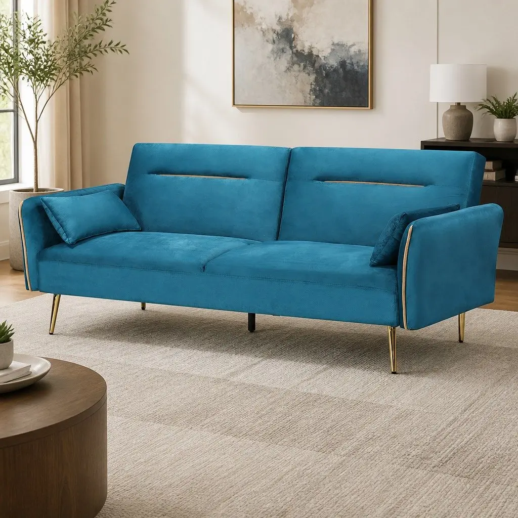 3-Seater Convertible Sofa Bed Futon Adjustable Backrest Velvet Peacock Blue