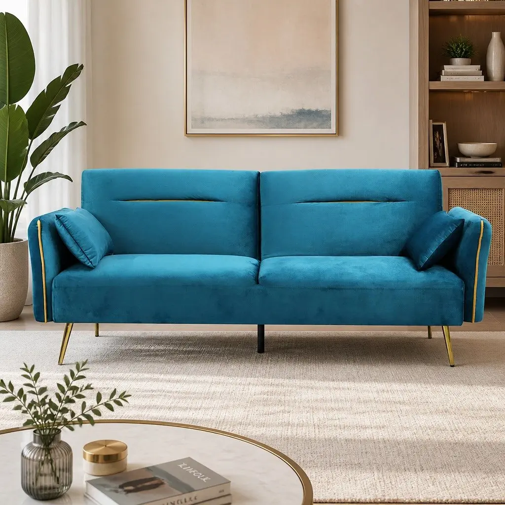 3-Seater Convertible Sofa Bed Futon Adjustable Backrest Velvet Peacock Blue