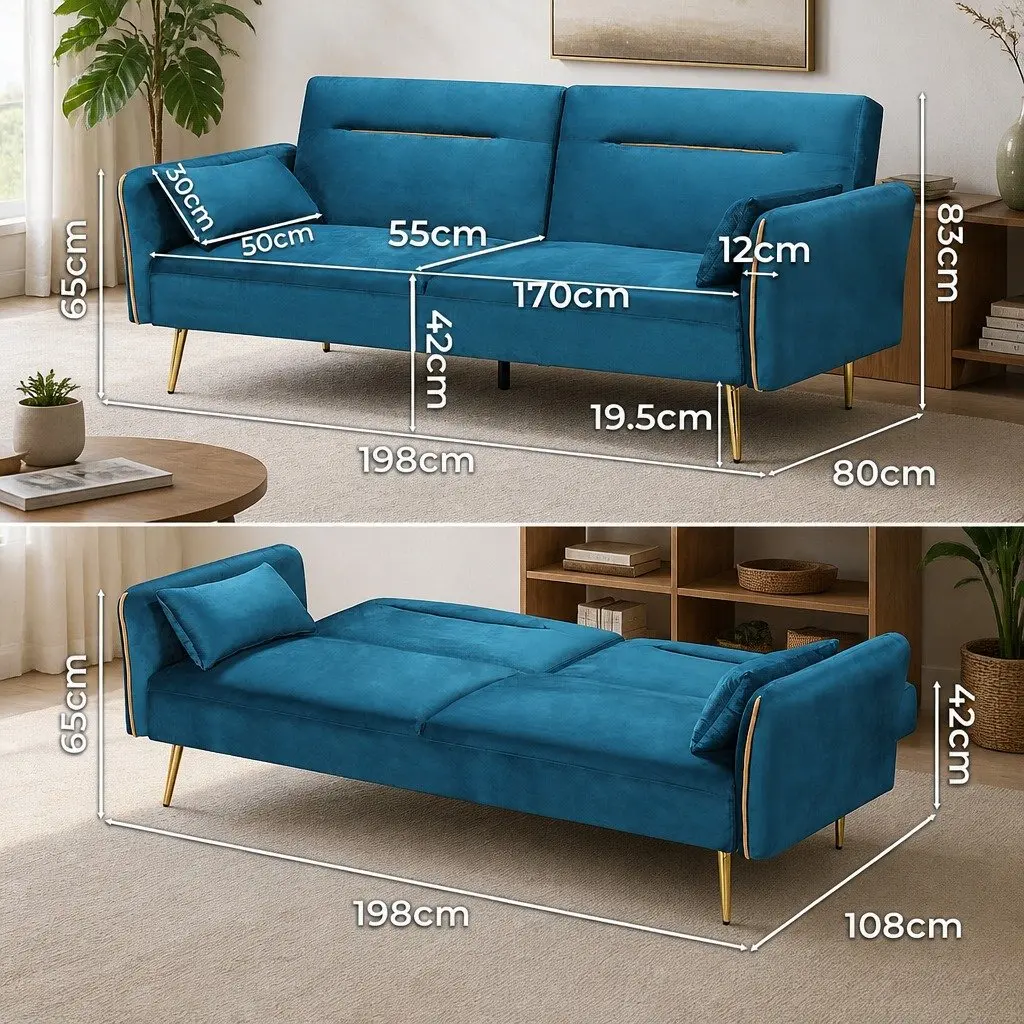 3-Seater Convertible Sofa Bed Futon Adjustable Backrest Velvet Peacock Blue