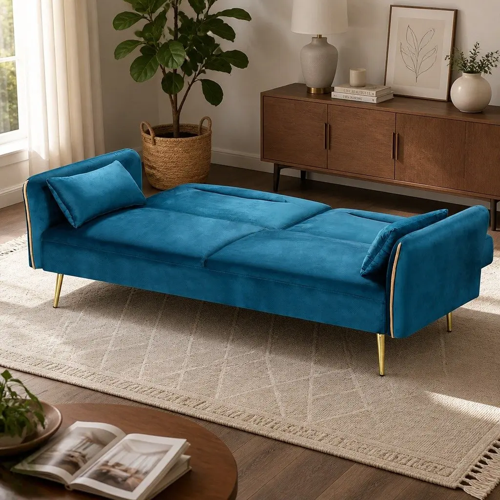 3-Seater Convertible Sofa Bed Futon Adjustable Backrest Velvet Peacock Blue