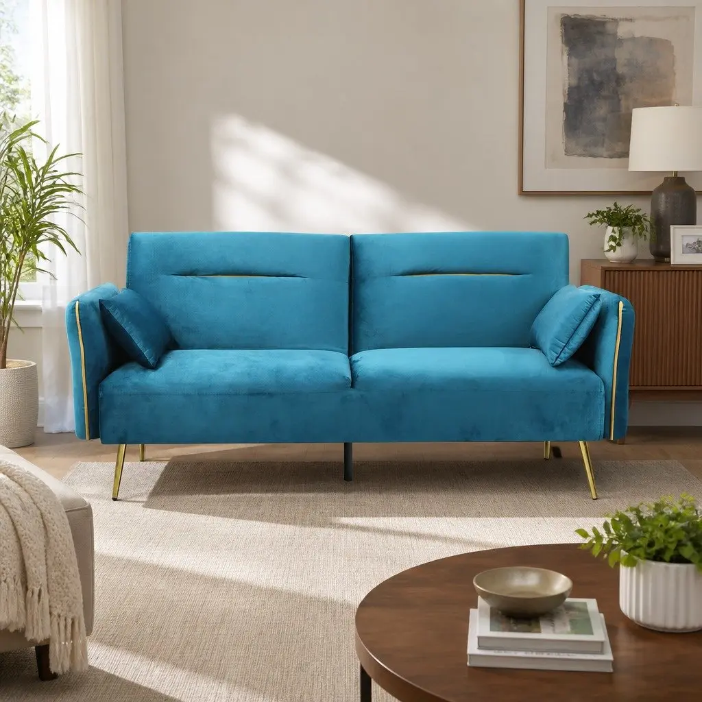 3-Seater Convertible Sofa Bed Futon Adjustable Backrest Velvet Peacock Blue