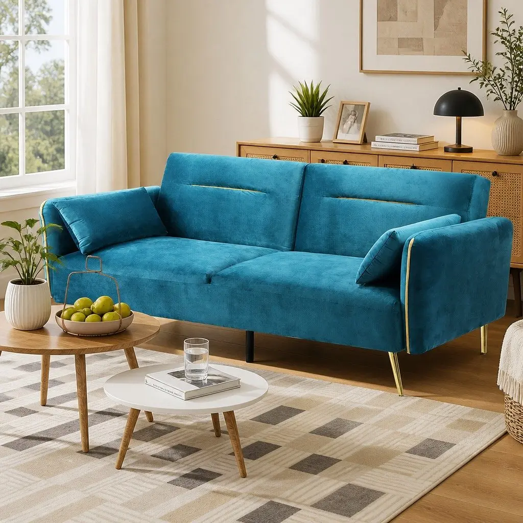 3-Seater Convertible Sofa Bed Futon Adjustable Backrest Velvet Peacock Blue