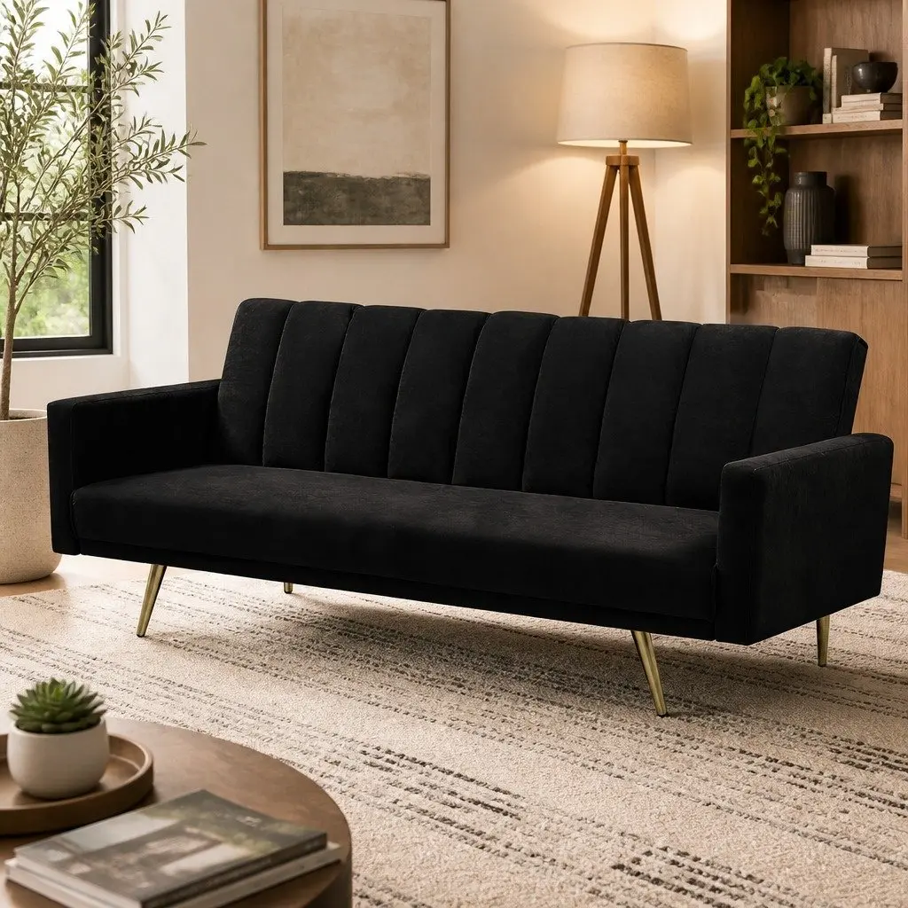 3 Seater Convertible Sofa Bed Velvet Black Lounge Recliner Couch
