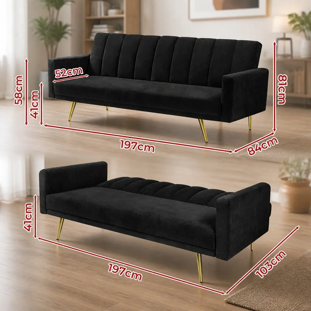 3 Seater Convertible Sofa Bed Velvet Black Lounge Recliner Couch