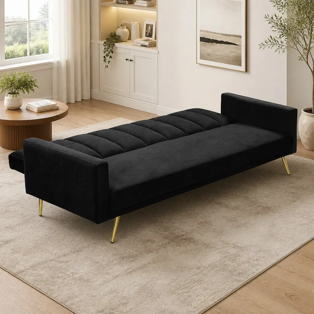 3 Seater Convertible Sofa Bed Velvet Black Lounge Recliner Couch