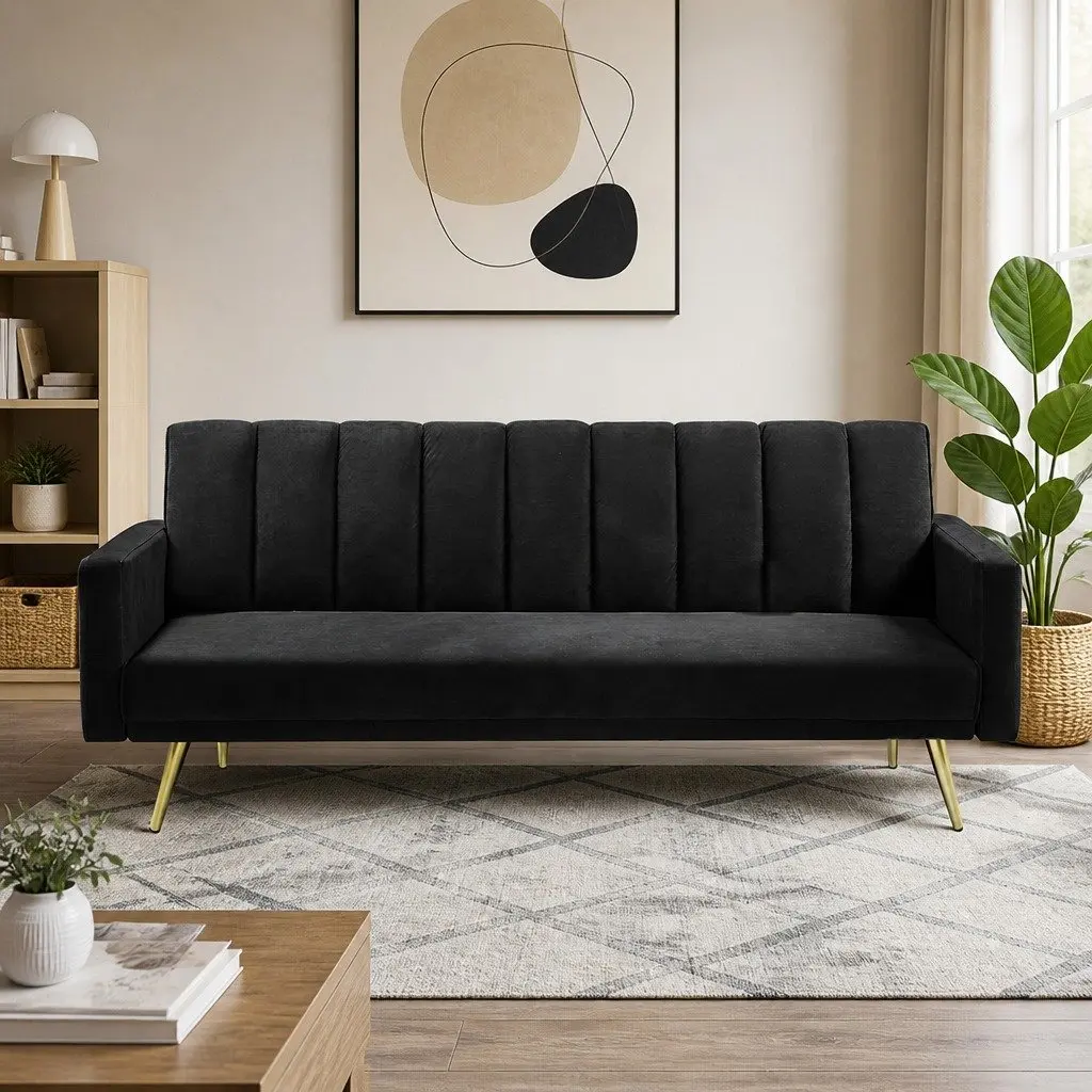 3 Seater Convertible Sofa Bed Velvet Black Lounge Recliner Couch