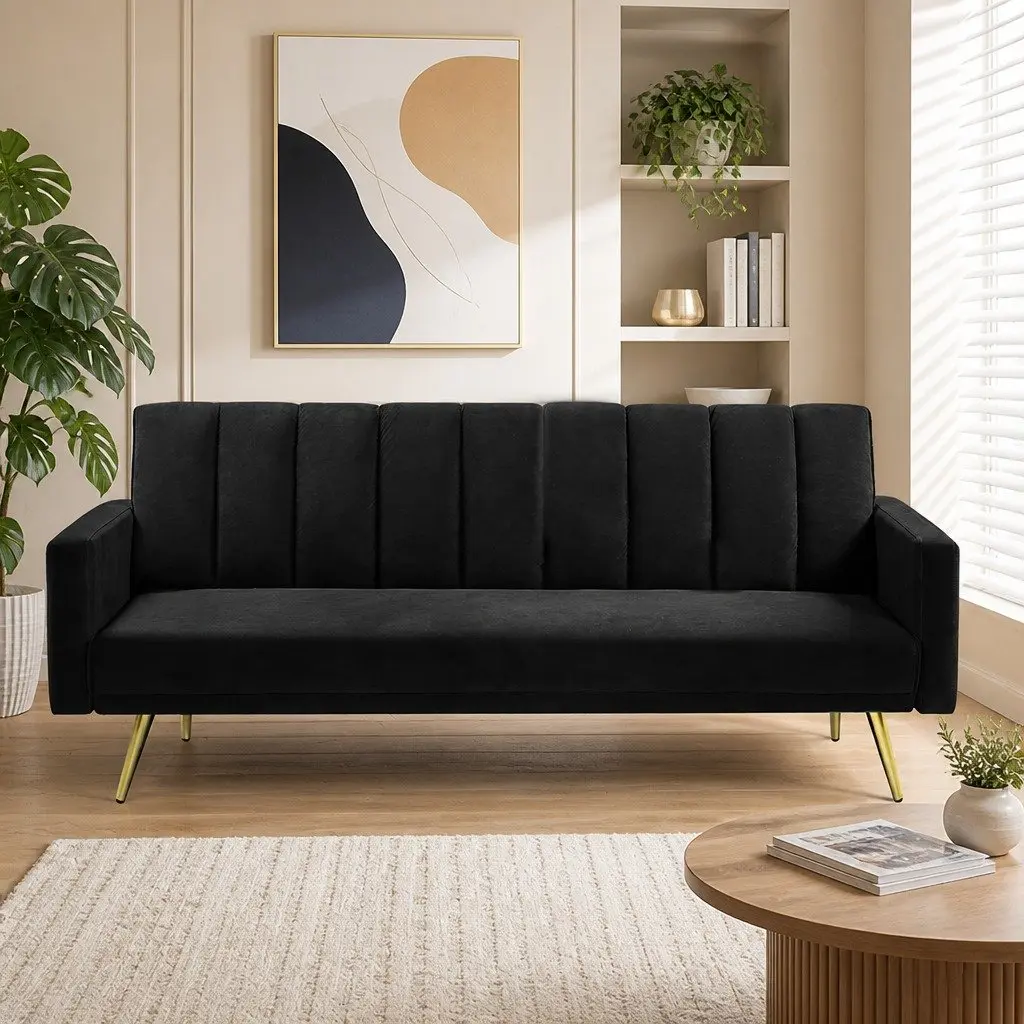 3 Seater Convertible Sofa Bed Velvet Black Lounge Recliner Couch