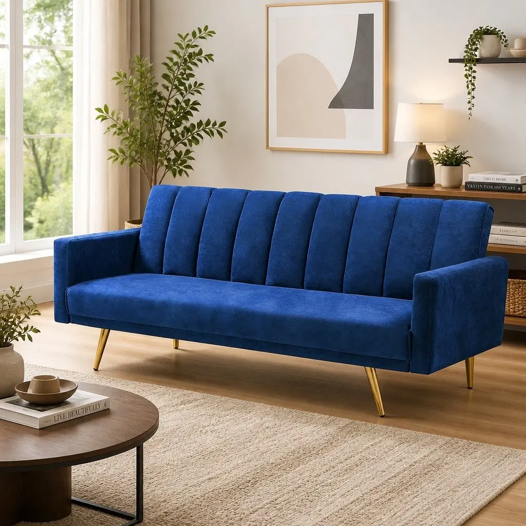 3 Seater Convertible Sofa Bed Velvet Blue Lounge Recliner Fold Out Sleeper Couch