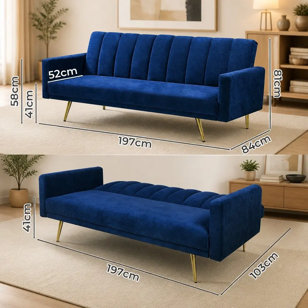 3 Seater Convertible Sofa Bed Velvet Blue Lounge Recliner Fold Out Sleeper Couch