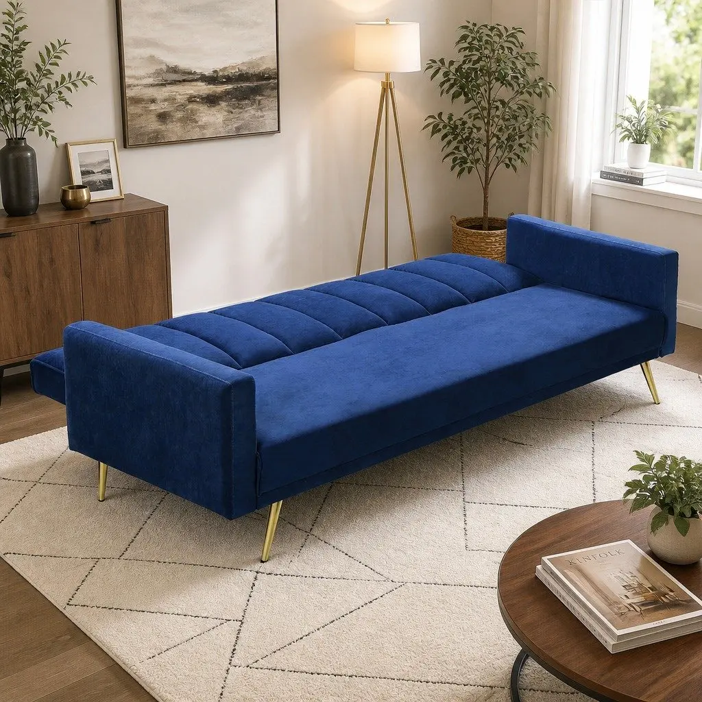 3 Seater Convertible Sofa Bed Velvet Blue Lounge Recliner Fold Out Sleeper Couch