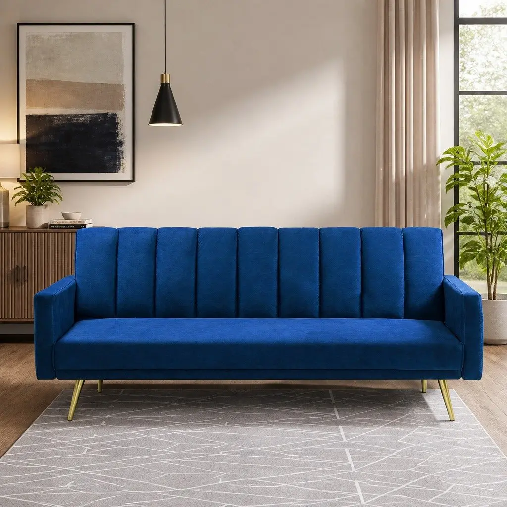 3 Seater Convertible Sofa Bed Velvet Blue Lounge Recliner Fold Out Sleeper Couch
