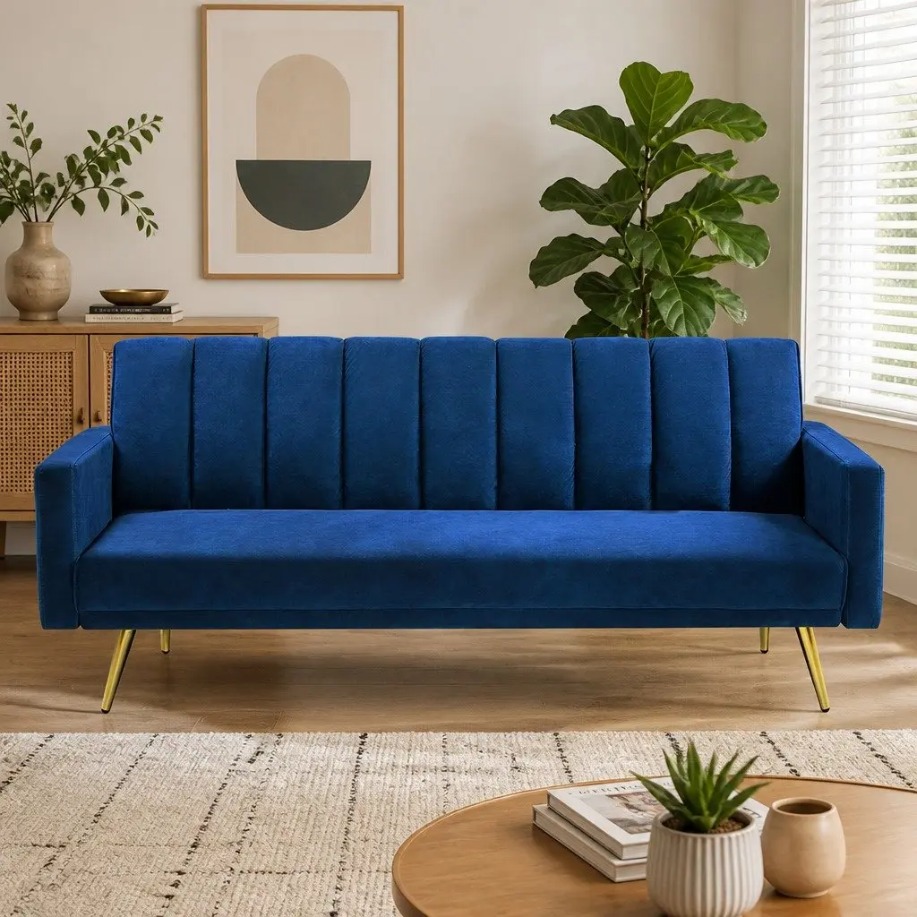 3 Seater Convertible Sofa Bed Velvet Blue Lounge Recliner Fold Out Sleeper Couch