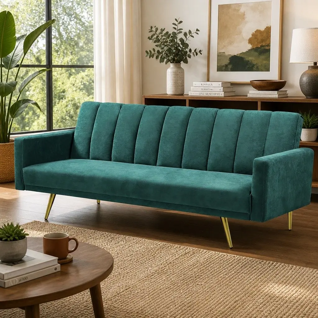3 Seater Convertible Sofa Bed Recliner Lounge Sleeper Couch Green Velvet Polyester