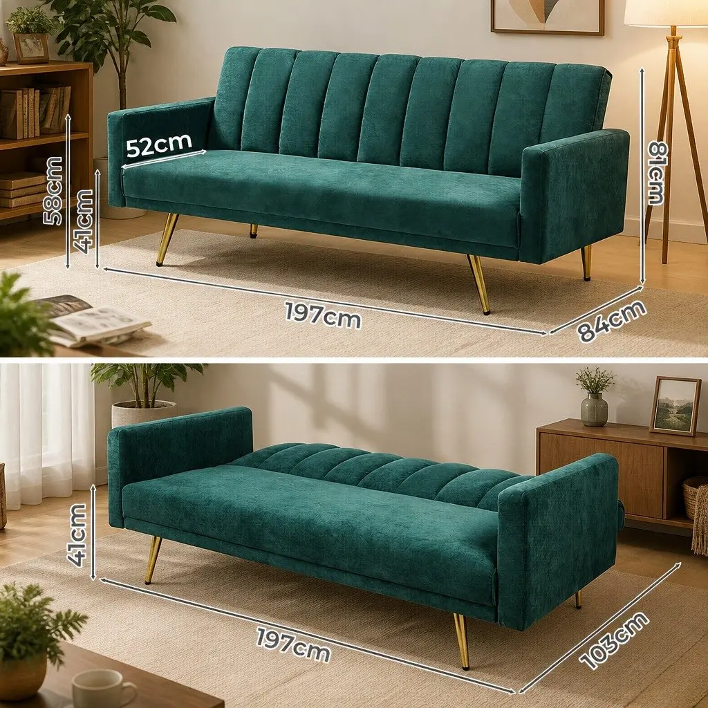3 Seater Convertible Sofa Bed Recliner Lounge Sleeper Couch Green Velvet Polyester
