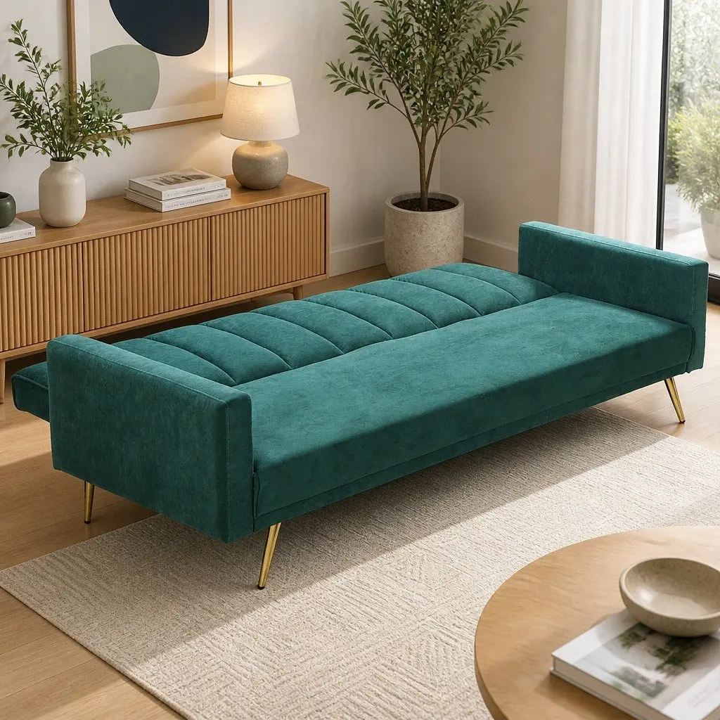 3 Seater Convertible Sofa Bed Recliner Lounge Sleeper Couch Green Velvet Polyester