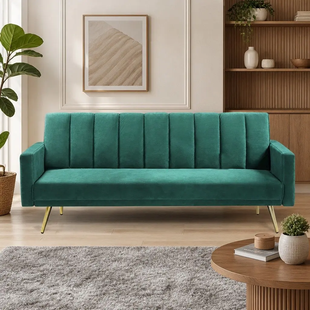 3 Seater Convertible Sofa Bed Recliner Lounge Sleeper Couch Green Velvet Polyester