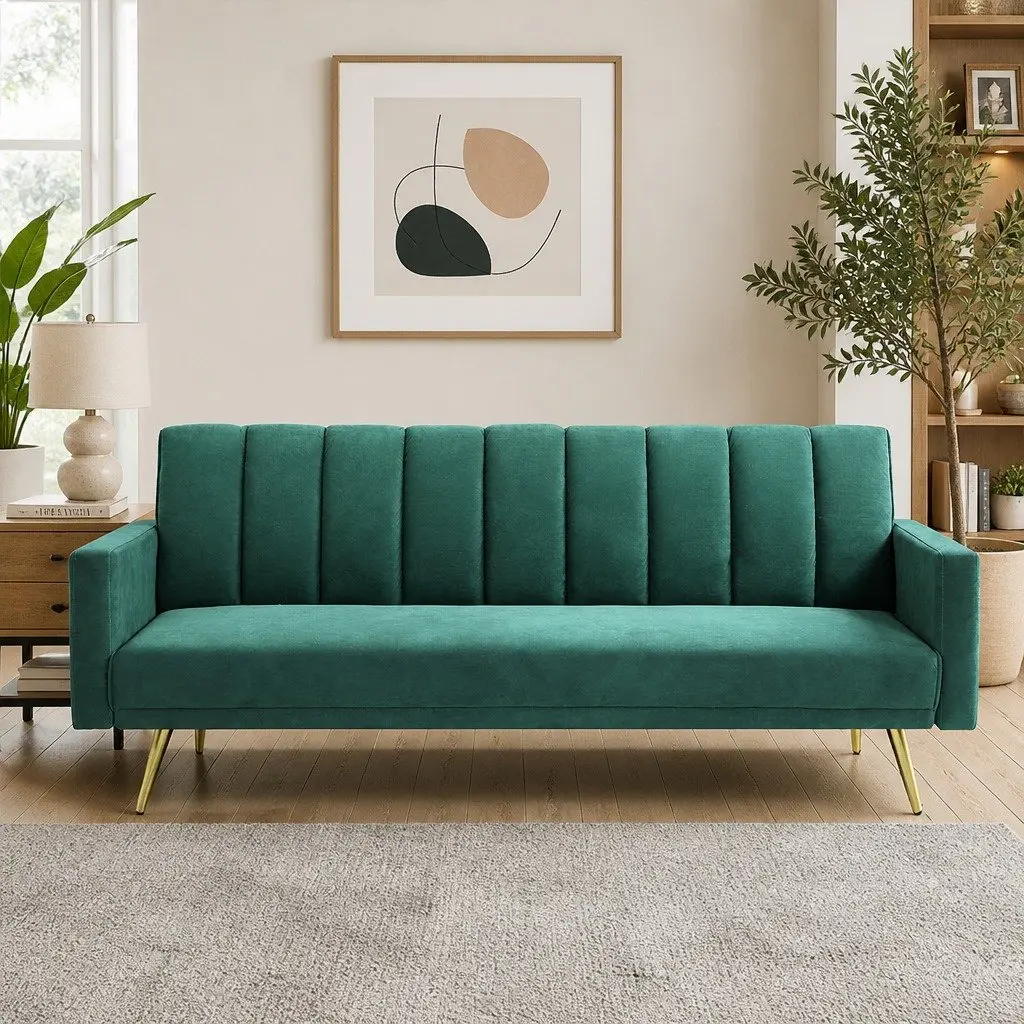 3 Seater Convertible Sofa Bed Recliner Lounge Sleeper Couch Green Velvet Polyester