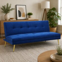 Deep Blue Velvet 3 Seater Sofa Bed with Adjustable Backrest