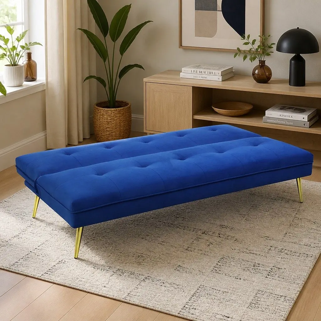 Deep Blue Velvet 3 Seater Sofa Bed with Adjustable Backrest