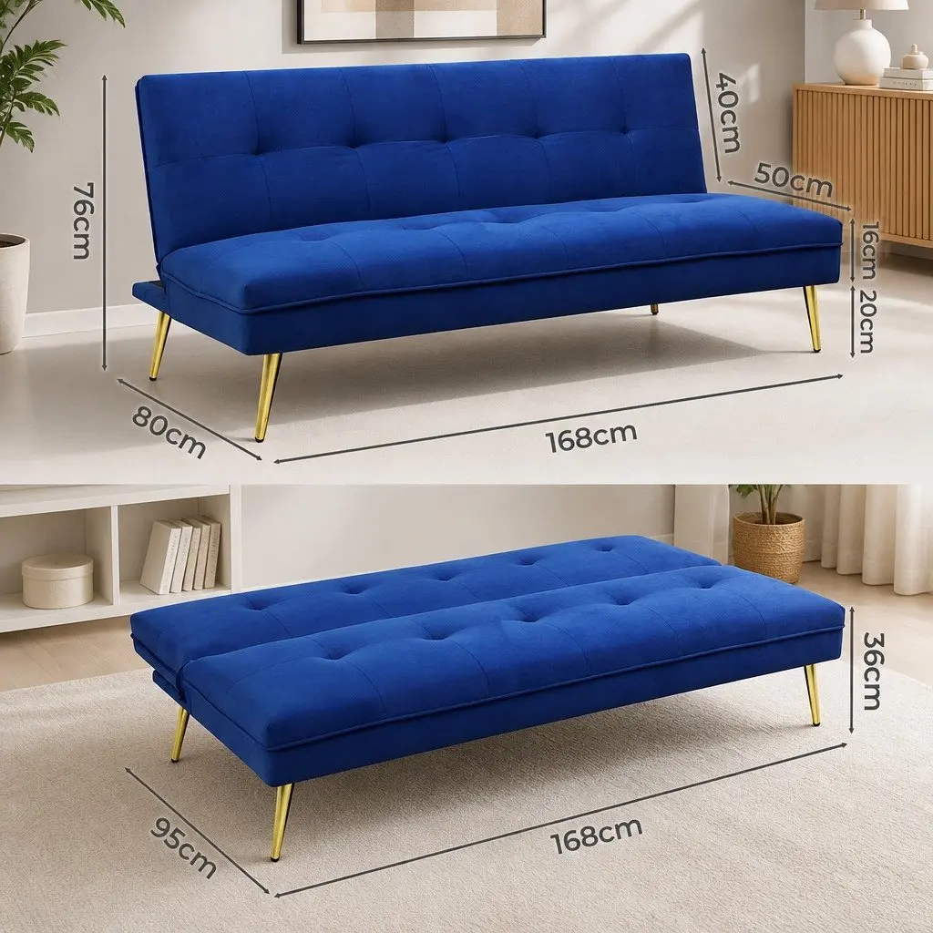 Deep Blue Velvet 3 Seater Sofa Bed with Adjustable Backrest