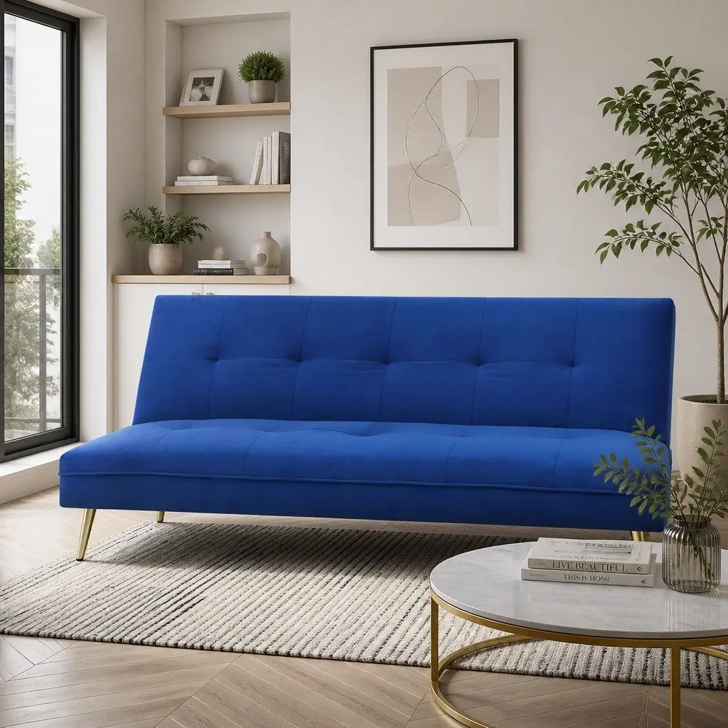 Deep Blue Velvet 3 Seater Sofa Bed with Adjustable Backrest