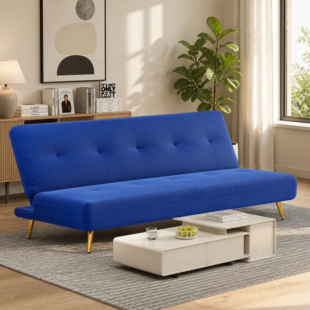 Deep Blue Velvet 3 Seater Sofa Bed with Adjustable Backrest