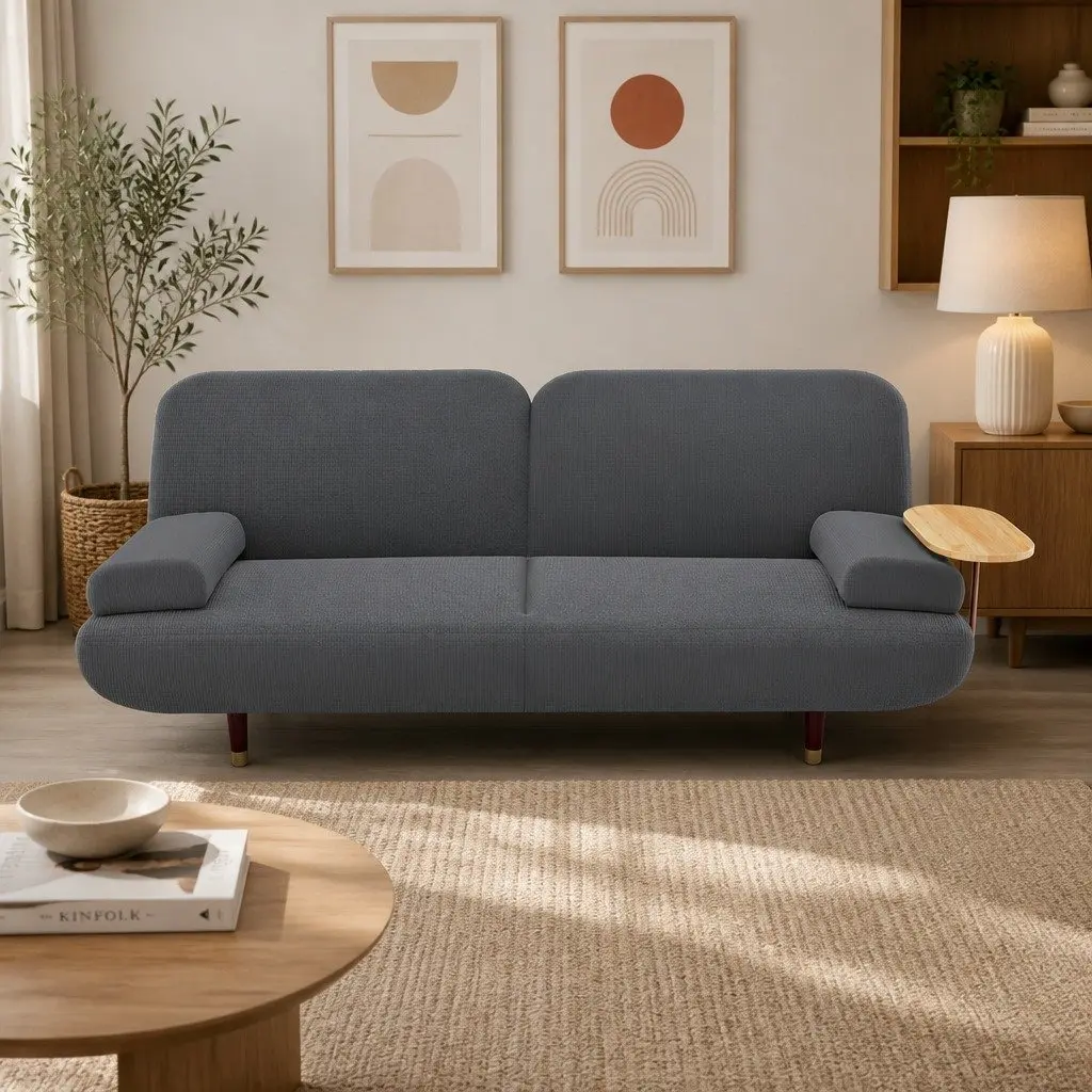 Convertible Sofa Bed Grey 3-Seater Corduroy Fabric Adjustable Backrest Solid Wood Frame with USB Charging Side Table